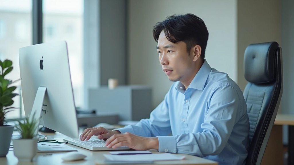 デスクトップコンピューターのモニターを見つめ、集中している男性。背景は明るいオフィス環境。