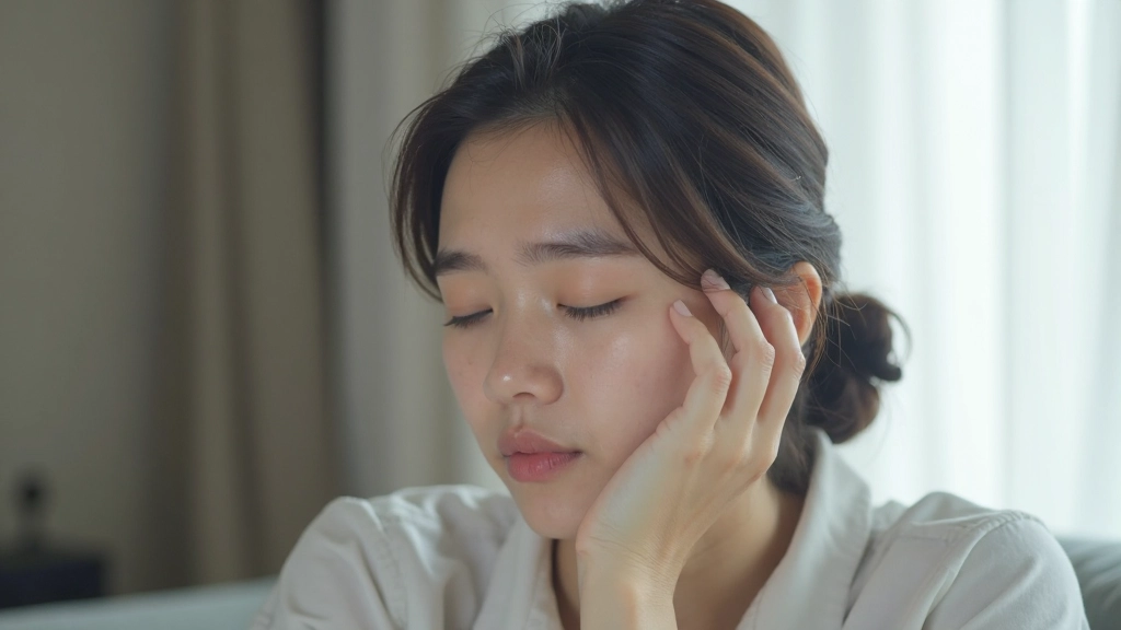 スマートフォンを手に持ち、目を休めている女性の横顔。自然な室内環境での落ち着いた雰囲気。