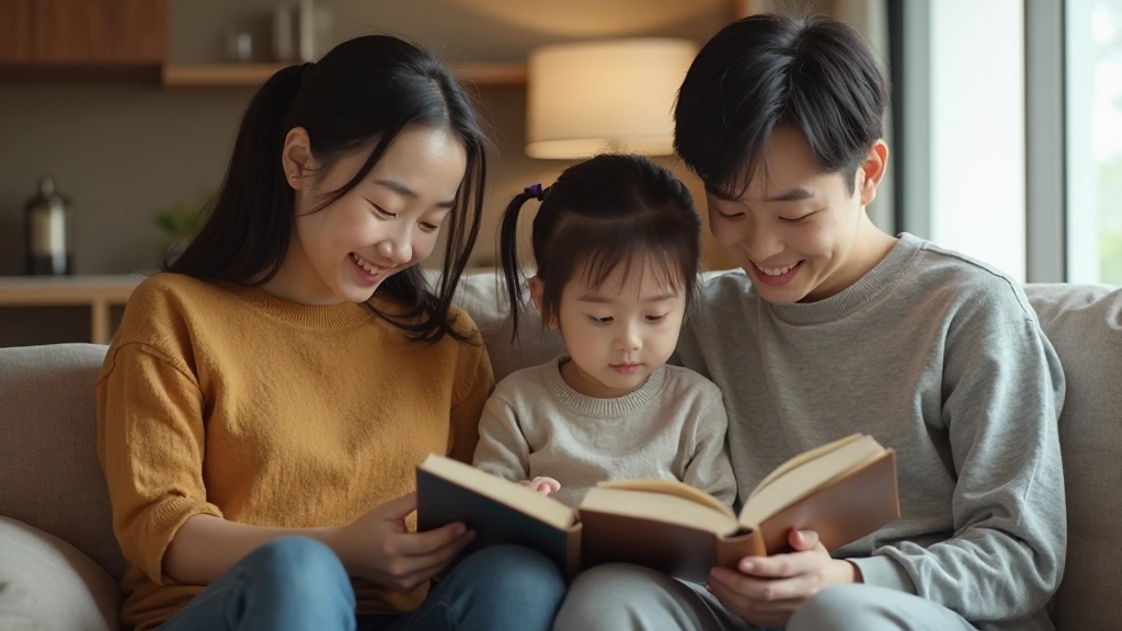 リビングルームでスマートフォンを置き、本を読んでリラックスしている家族。温かい照明と落ち着いた雰囲気。