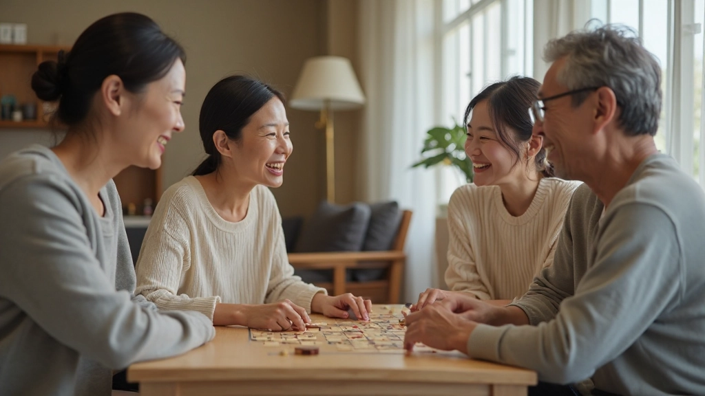 居間でカードゲームをしながら楽しく笑う3世代の家族