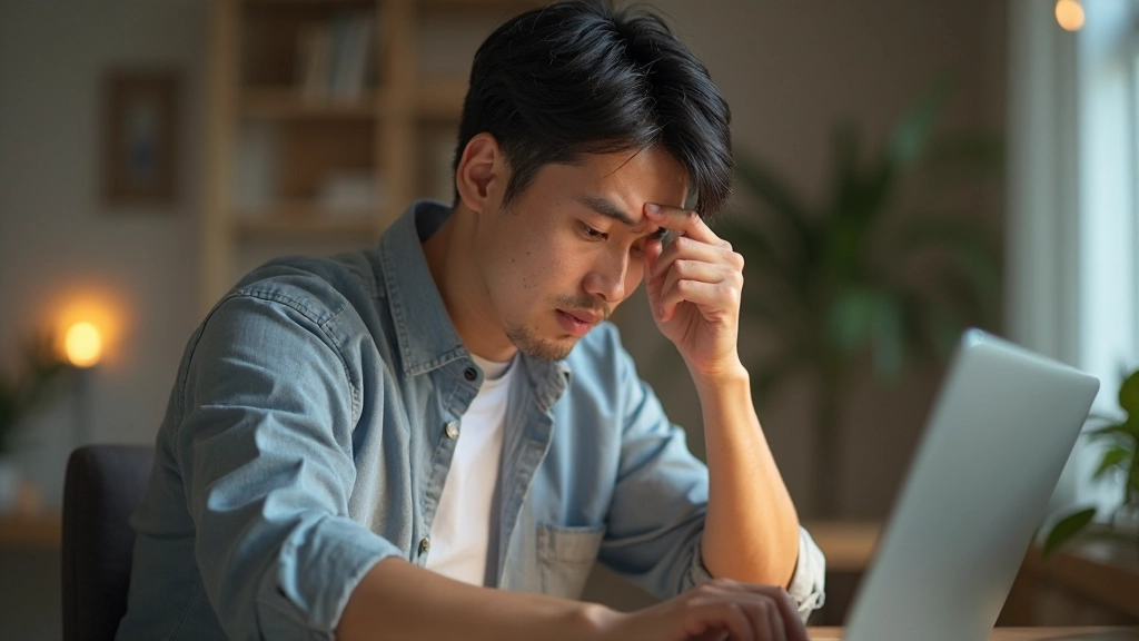 疲労を感じながらパソコンに向かう男性の写真