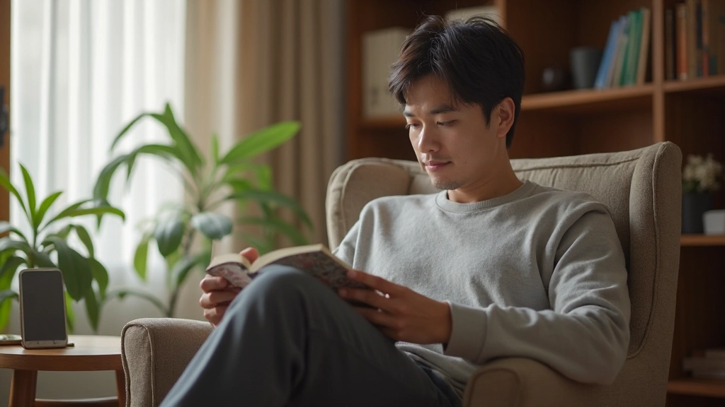 スマートフォンを置いて、本を読む人の写真