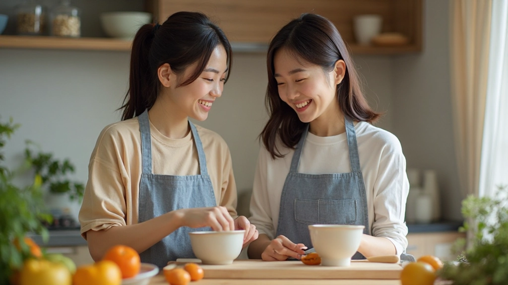 キッチンで一緒に料理をしながら笑顔で話す母と娘