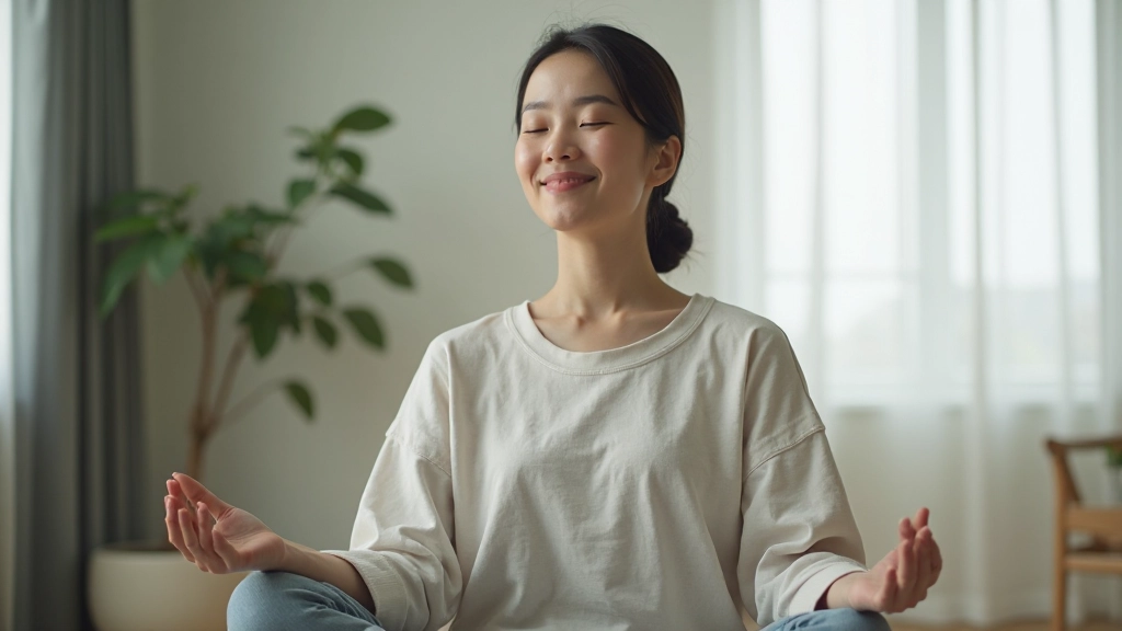 瞑想中の人物が心身の落ち着きと集中状態を表現している様子、自然な光が差し込む空間での静かな瞬間