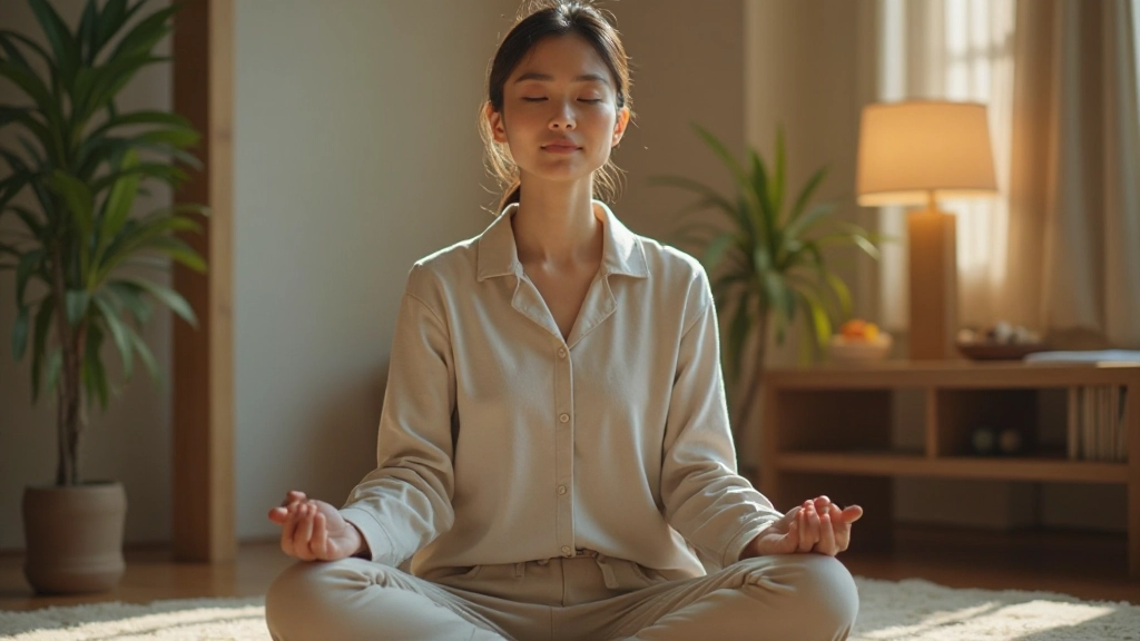 瞑想の課題を乗り越え、前向きに実践を続けている人物、落ち着いた室内で深い集中を保っている様子